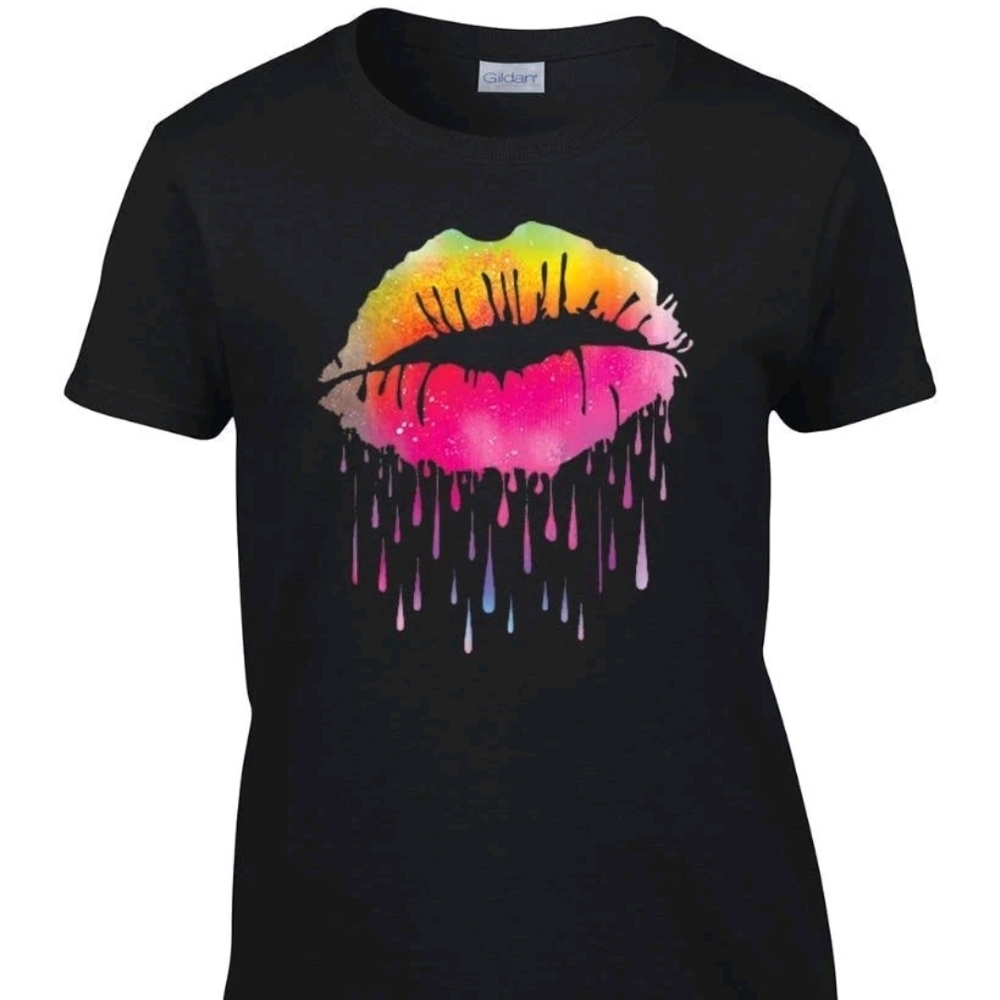 Black Tee with Vibrant Lips Design